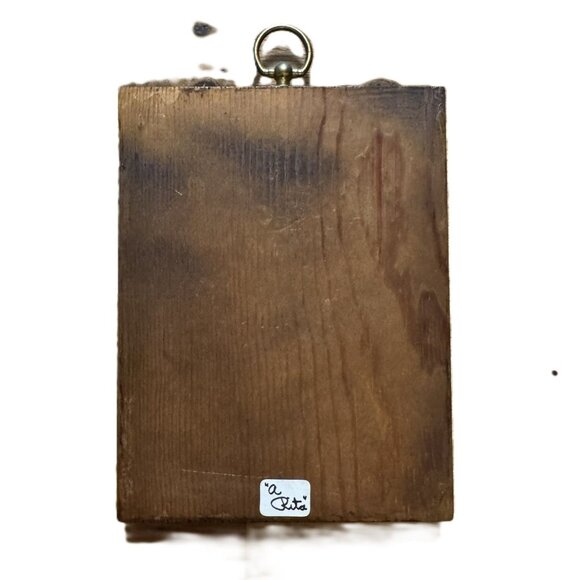 Vintage Wood-Backed Piggy Art Wall-Hanging, Signed, Brass Wall Hook, 7"x5.5" - Picture 2 of 5